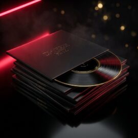 Stack of five Di-VerZe HitZ vinyl record sleeves with gold lettering and red neon glow — Di-VerZe E.N.T DJ Mix Bundle 5-download package
