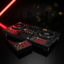 Professional Pioneer DJ controller against Atlanta skyline at night — Di-VerZe E.N.T DJ Services Special, $500 event package