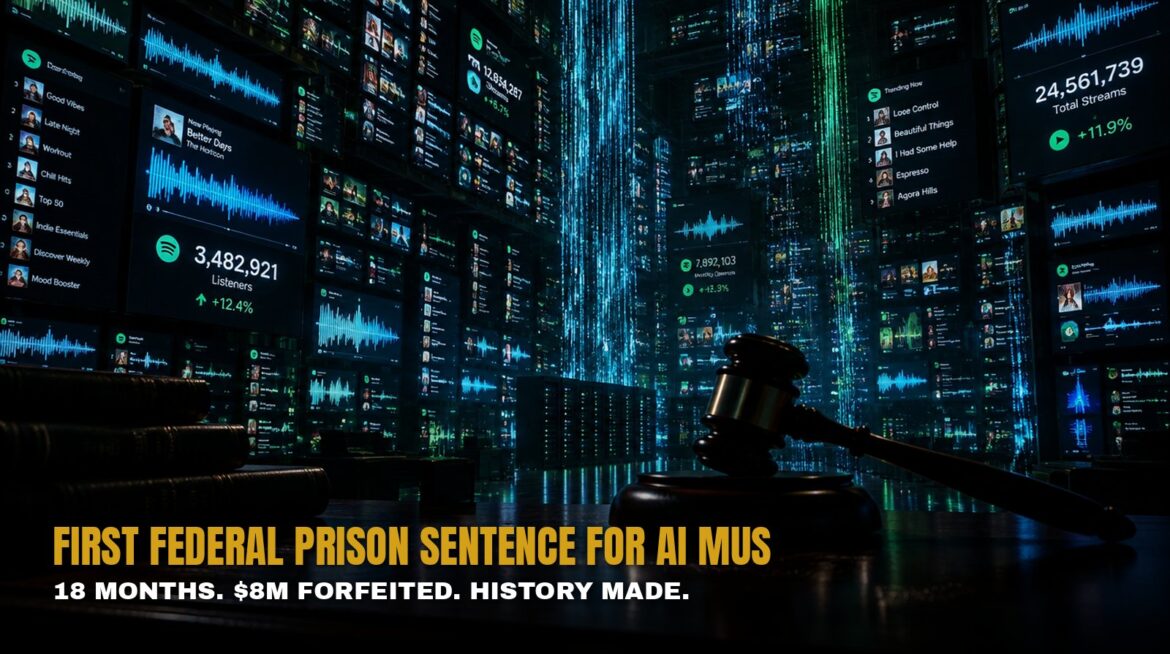 Dark cinematic server room with glowing music streaming screens and a gavel silhouette, representing the landmark AI music fraud conviction