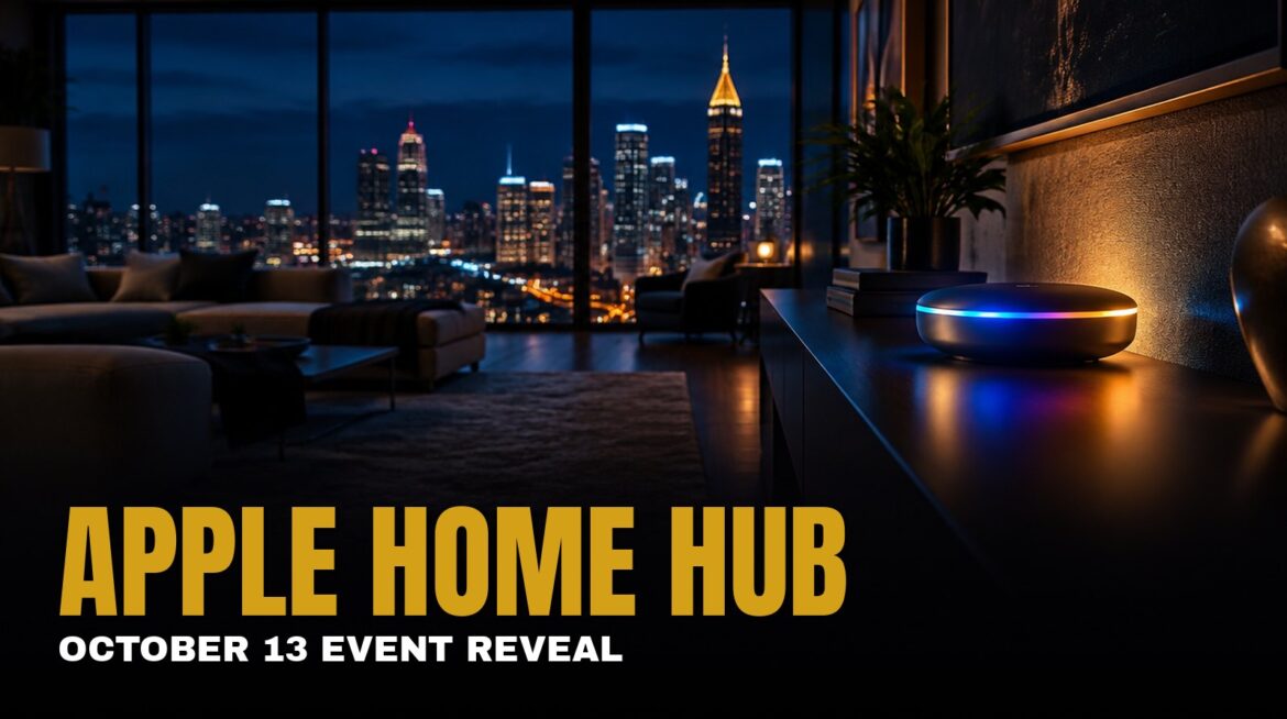 Apple smart home hub 2026 - sleek glowing smart home device on modern shelf with Atlanta skyline at night - Di-VerZe E.N.T