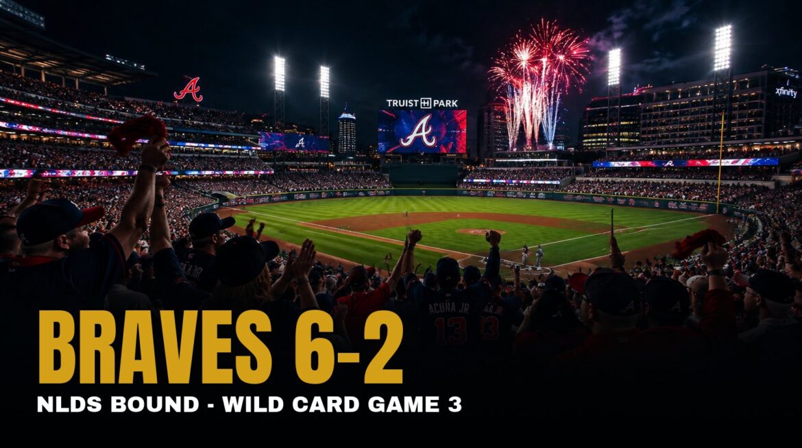 Atlanta Braves NLDS 2026 - Braves fans celebrate under fireworks at Truist Park after the Wild Card Game 3 win - Di-VerZe E.N.T