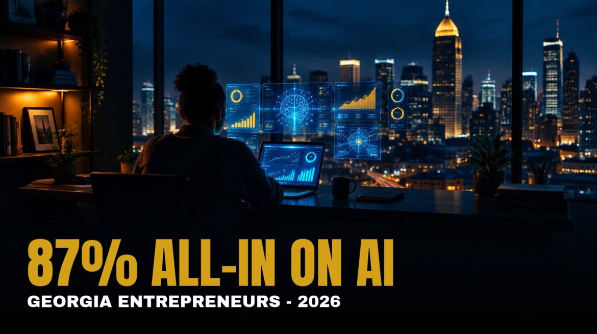 Atlanta Business AI 2026 - an Atlanta entrepreneur works with an AI dashboard over the downtown skyline at night