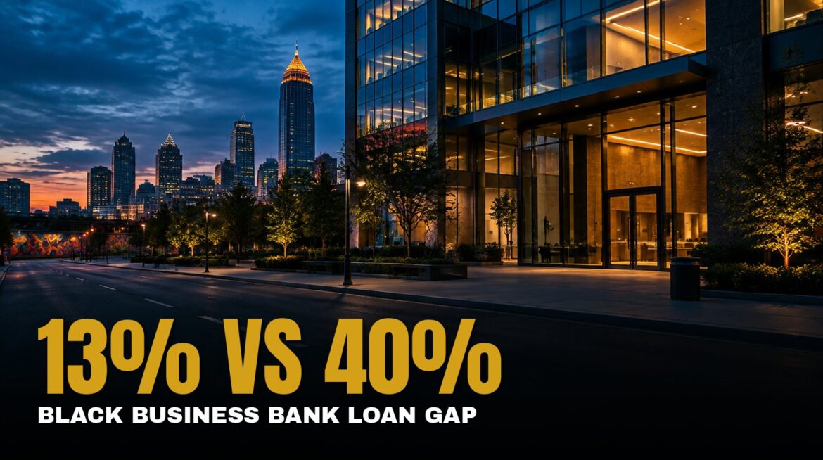 Black business bank loan gap - Atlanta bank building at dusk with warm amber lighting - Di-VerZe E.N.T