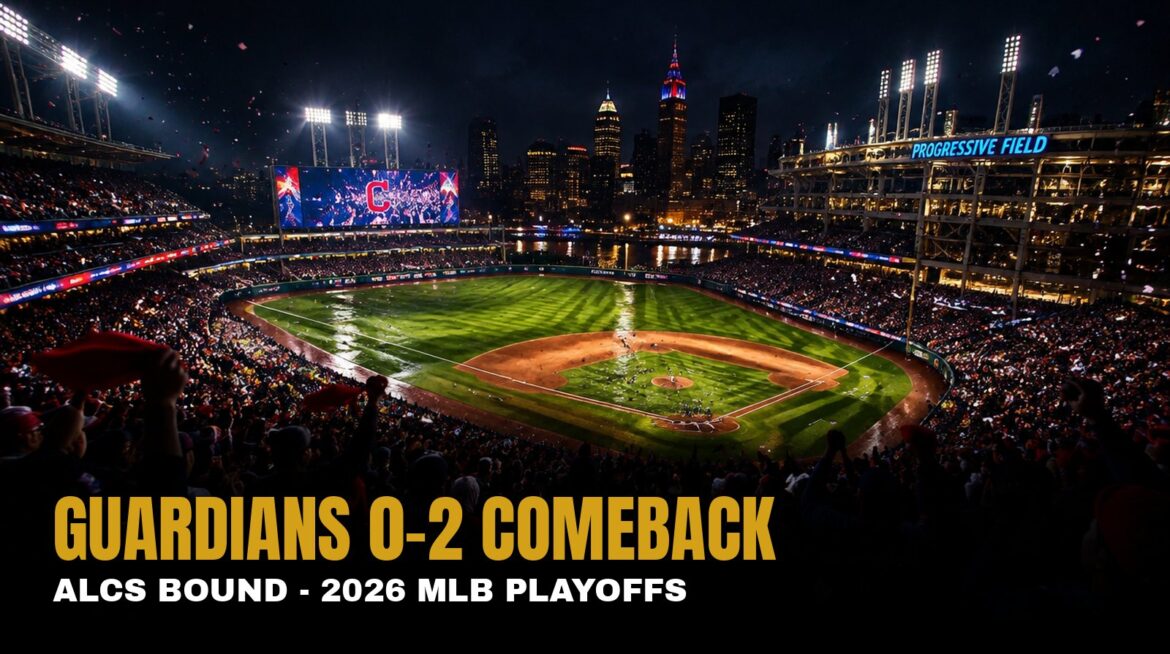 Cleveland Guardians ALCS 2026 - packed baseball stadium at night with playoff celebration lights and confetti - Di-VerZe E.N.T